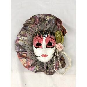 Vintage 1980s Mardi Gras Wall Mask 8"‎ Pink Style Wall Hanging Decor Fabric
